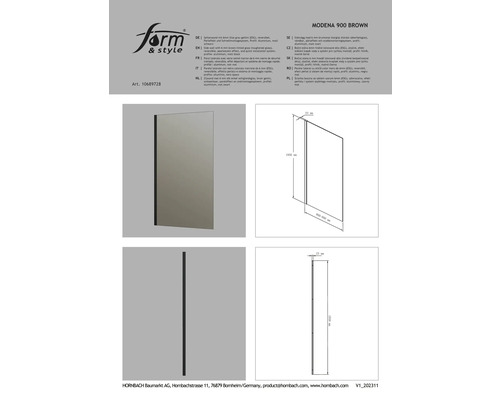 Perete lateral cu sticlă color maro de 6 mm, reversibil, efect perlat și sistem de montaj rapid, profil: aluminiu, negru mat