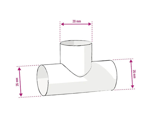 Imagine cu un racord în T cu dimensiunile de 20 mm și 26 mm.