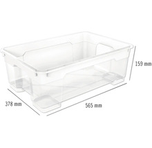 Cutie de depozitare transparentă cu dimensiunile de 565 mm lungime, 378 mm lățime și 159 mm înălțime.