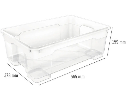 Cutie de depozitare transparentă cu dimensiunile de 565 mm lungime, 378 mm lățime și 159 mm înălțime.