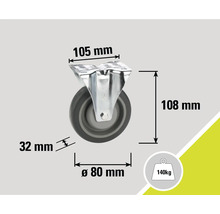 Dimensiuni role: 105 mm x 108 mm, diametrul roții 80 mm, lățimea roții 32 mm, capacitate portantă 140 kg