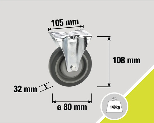 Dimensiuni role: 105 mm x 108 mm, diametrul roții 80 mm, lățimea roții 32 mm, capacitate portantă 140 kg