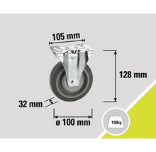Roată pivotantă cu dimensiunile 105 mm, 128 mm, 32 mm și diametrul de 100 mm, capacitate portantă 150 kg