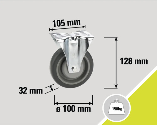 Roată pivotantă cu dimensiunile 105 mm, 128 mm, 32 mm și diametrul de 100 mm, capacitate portantă 150 kg