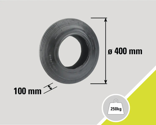 Anvelopă neagră cu dimensiunile de 400 mm în diametru și 100 mm lățime, sarcină maximă de 250 kg.