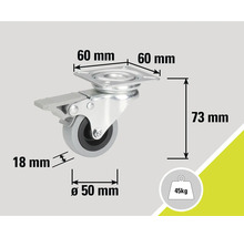 Rotiță pivotantă cu frână și indicații de dimensiuni: 60 mm, 73 mm, 18 mm, diametru 50 mm, capacitate portantă 45 kg