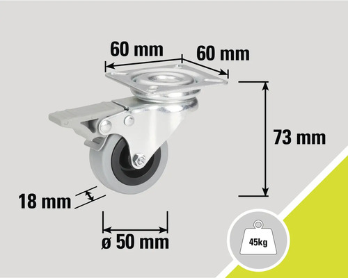 Rotiță pivotantă cu frână și indicații de dimensiuni: 60 mm, 73 mm, 18 mm, diametru 50 mm, capacitate portantă 45 kg