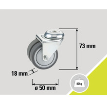 Rotiță pivotantă cu dimensiunile 73 mm înălțime, 50 mm diametru și 18 mm lățime roată, capacitate portantă până la 80 kg