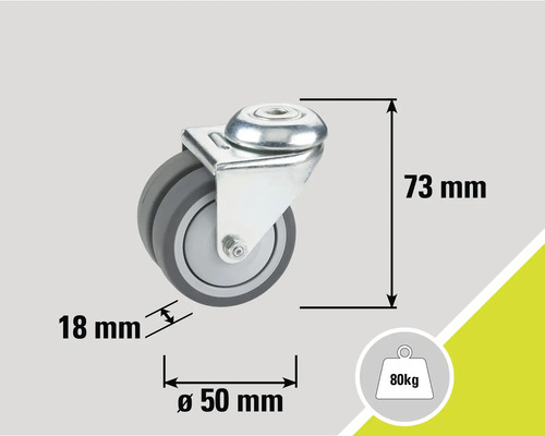 Rotiță pivotantă cu dimensiunile 73 mm înălțime, 50 mm diametru și 18 mm lățime roată, capacitate portantă până la 80 kg