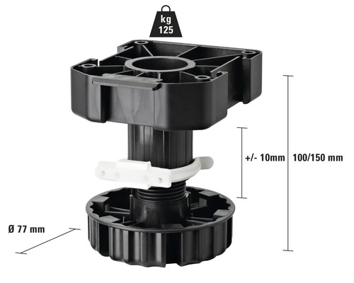 Picior de mobilă din plastic, diametru 77 milimetri, înălțime 100 până la 150 milimetri, capacitate portantă 125 kilograme