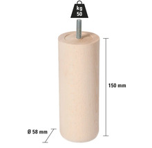 Picior de mobilier din lemn, cilindric, 150 mm înălțime, 58 mm diametru, capacitate portantă până la 50 kg