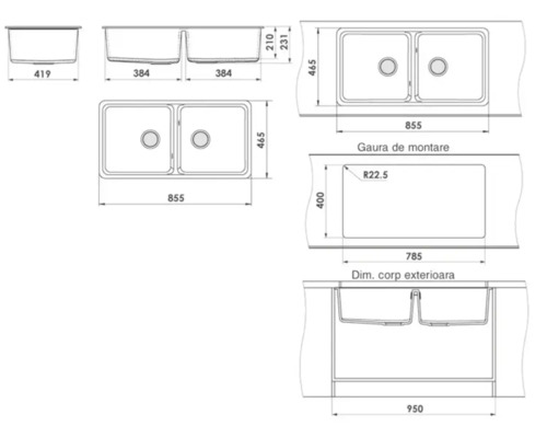 Desen tehnic chiuvetă dublă cu dimensiuni pentru planificarea bucătăriei