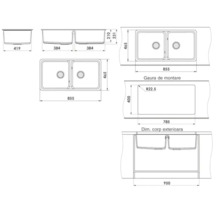 Desen tehnic cu chiuvetă dublă cu dimensiuni