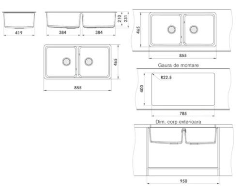 Desen tehnic cu chiuvetă cu dublă cuvă și dimensiuni