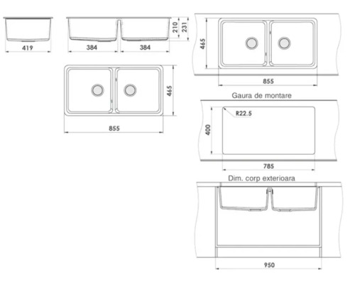 Desen tehnic al unei chiuvete duble cu dimensiuni