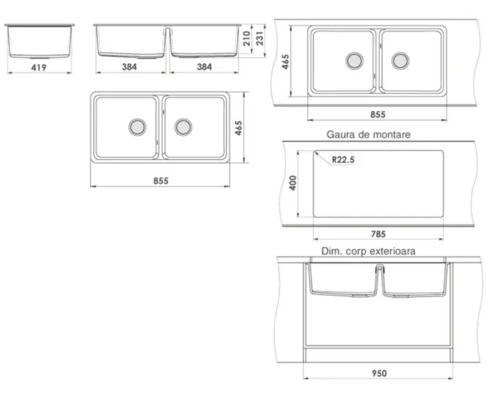 Desen tehnic al unei chiuvete cu cuvă dublă și dimensiunile aferente
