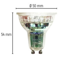 Bec LED GU10 cu dimensiunile diametru 50 milimetri și înălțime 54 milimetri