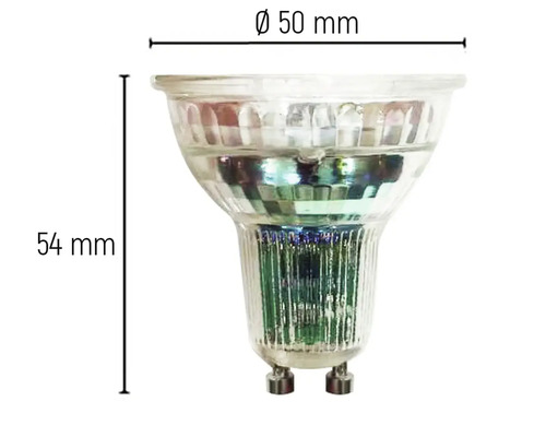 Bec LED GU10 cu dimensiunile diametru 50 milimetri și înălțime 54 milimetri
