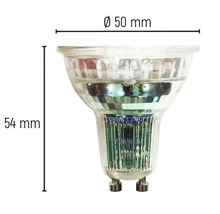 Bec GU10 cu dimensiunile de 50 mm în diametru și 54 mm în lungime