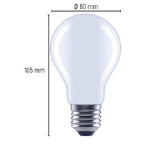 Imaginea unui bec cu dimensiunile de 60 de milimetri în diametru și 105 milimetri în lungime.