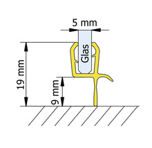 Ilustrație a dimensiunilor unei garnituri pentru sticlă cu o grosime a sticlei de 5 mm