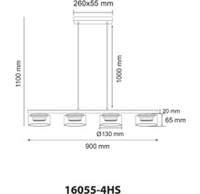 Desen tehnic al unei lămpi suspendate cu dimensiunile 260x55 milimetri, 1100 milimetri, 1000 milimetri, 20 milimetri, 65 milimetri, 130 milimetri și 900 milimetri.