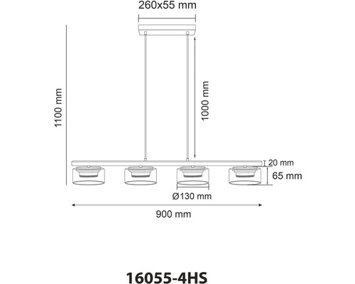 Desen tehnic al unei lămpi suspendate cu dimensiunile 260x55 milimetri, 1100 milimetri, 1000 milimetri, 20 milimetri, 65 milimetri, 130 milimetri și 900 milimetri.