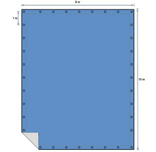 Imagine a unei prelate dreptunghiulare pentru piscină cu ochiuri și dimensiunile de 8 metri pe 10 metri.