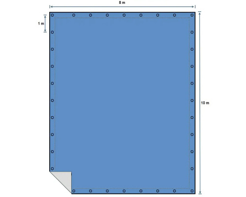 Imagine a unei prelate dreptunghiulare pentru piscină cu ochiuri și dimensiunile de 8 metri pe 10 metri.