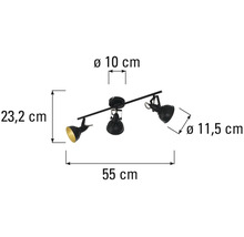 Lumină de tavan cu trei spoturi și indicații de dimensiuni