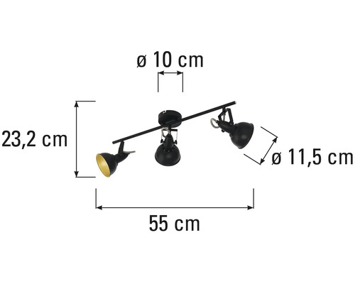 Lumină de tavan cu trei spoturi și indicații de dimensiuni