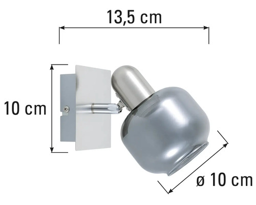Lumină de perete cu dimensiunile de 13,5 cm lungime, 10 cm înălțime și 10 cm diametru