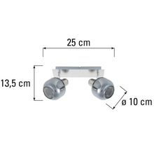 Lumină de tavan cu două spoturi și dimensiunile de 25 cm lățime, 13,5 cm înălțime și 10 cm diametru