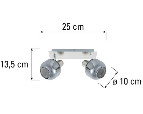 Lumină de tavan cu două spoturi și dimensiunile de 25 cm lățime, 13,5 cm înălțime și 10 cm diametru