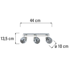 Lumină de plafon cu trei spoturi și indicații de dimensiuni