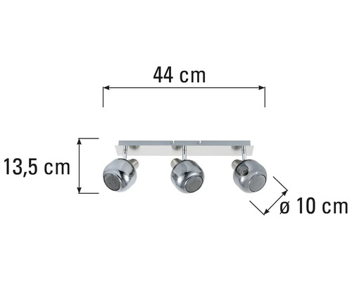 Lumină de plafon cu trei spoturi și indicații de dimensiuni