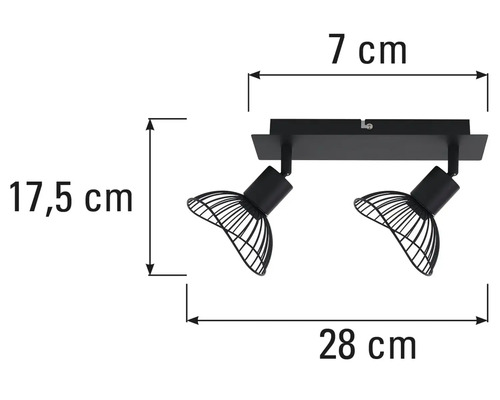 Dimensiunile unei lămpi de tavan negre cu două spoturi