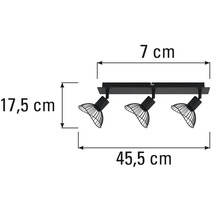 Dimensiunile unei lămpi de tavan negre cu trei spoturi.
