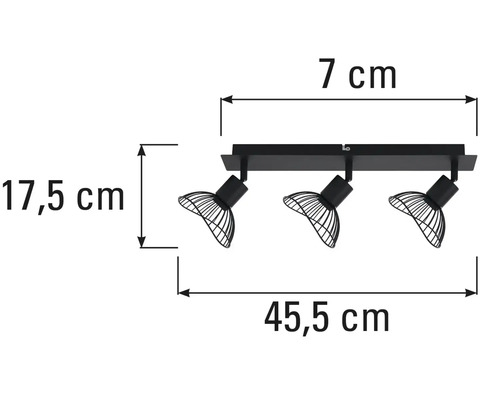 Dimensiunile unei lămpi de tavan negre cu trei spoturi.