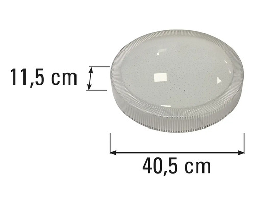 Plafonieră rotundă cu dimensiunile de 40,5 cm pe 11,5 cm.