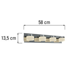 Dimensiunile unei lămpi de baie: 58 de centimetri lățime și 13,5 centimetri înălțime.