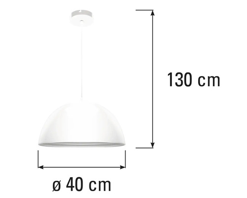 Lampă suspendată cu diametrul de 40 cm și înălțimea de 130 cm.