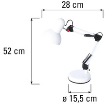 Lampă de masă cu dimensiunile de 28 cm lățime, 52 cm înălțime și un diametru de 15,5 cm