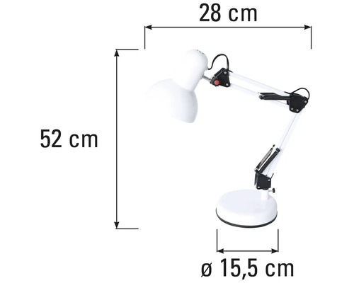 Lampă de masă cu dimensiunile de 28 cm lățime, 52 cm înălțime și un diametru de 15,5 cm