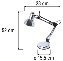 Schiță a unei lămpi de birou cu dimensiunile 28, 52 și 15,5 centimetri
