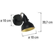 Lumină de perete neagră cu dimensiunile de 20,7 centimetri înălțime și 10 centimetri diametru.