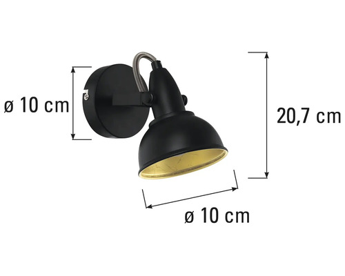 Lumină de perete neagră cu dimensiunile de 20,7 centimetri înălțime și 10 centimetri diametru.