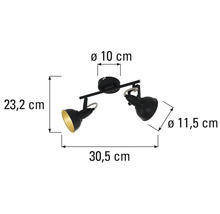 Dimensiunile unei lămpi de tavan negre cu două spoturi.