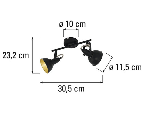 Dimensiunile unei lămpi de tavan negre cu două spoturi.