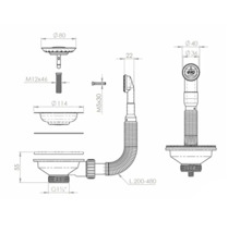 Desen tehnic al unui sifon de chiuvetă cu dimensiuni